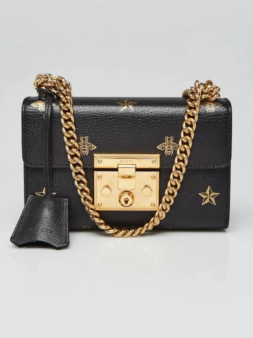 Gucci Black Leather Metallic Bee/Star Print Small Padlock Crossbody Bag